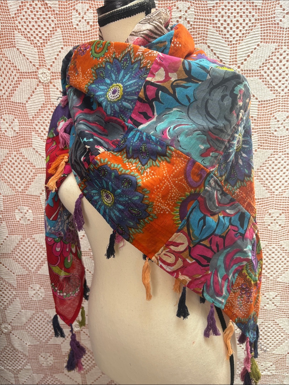 Multicolor Floral Patchwork Fringe Wrap Scarf - Picture 9 of 12